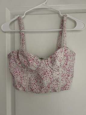 White Fox Boutique Pink Butterfly Floral Lace Trim Corset Crop Top Small